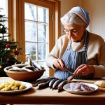 **Prompt:** A cozy Swedish kitchen at Christmas time. My grandmother is expertly preparing inlagda sillar (pickled herring). The atmosphere is warm and inviting with traditional decorations, a Christmas tree, and the smell of spices filling the air.