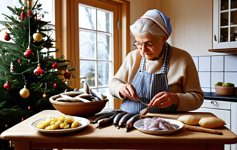 **Prompt:** A cozy Swedish kitchen at Christmas time. My grandmother is expertly preparing inlagda sillar (pickled herring). The atmosphere is warm and inviting with traditional decorations, a Christmas tree, and the smell of spices filling the air.